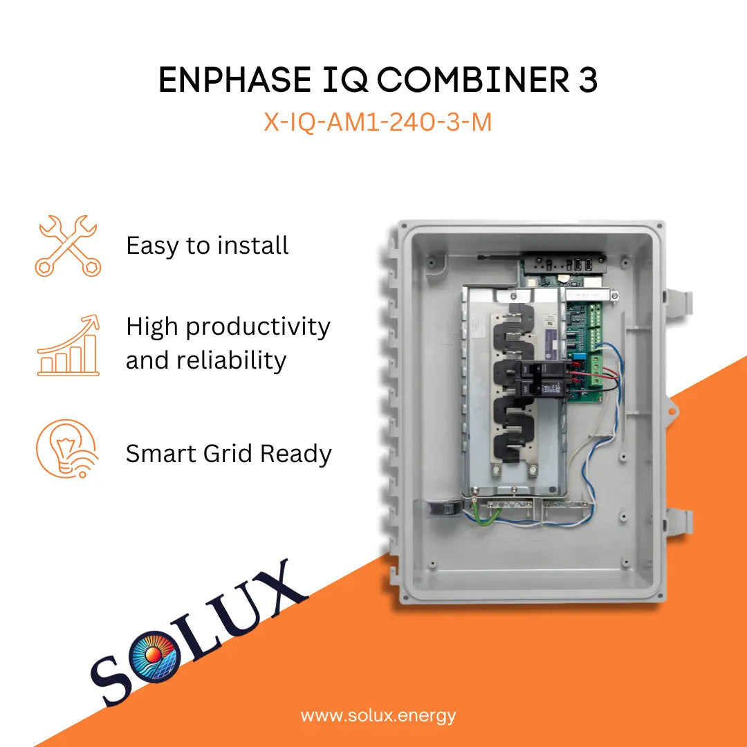 Enphase IQ Combiner 3 (X-IQ-AM1-240-3-M) featuring easy installation, high reliability, and smart grid readiness.